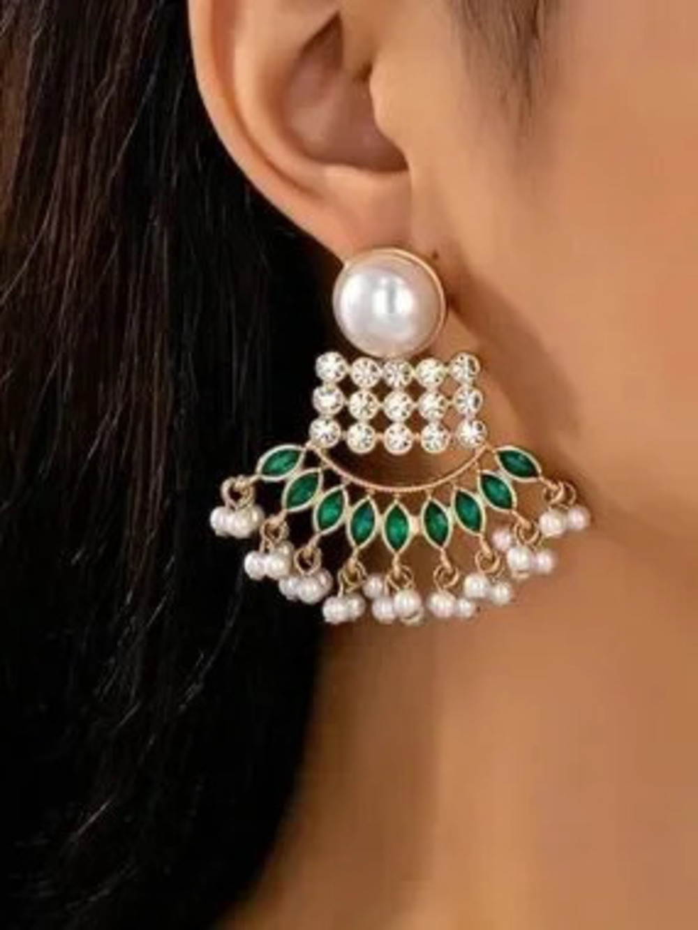 Gold Pearl & Emerald Fan Drop Earrings